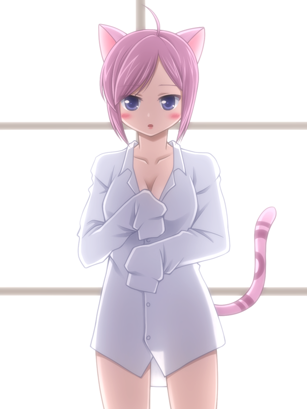 1girl, ahoge, animal_ears, blue_eyes, blush, breasts, cat_ears, cat_girl, cat_tail, cleavage, emil_chronicle_online, large_breasts, naked_shirt, nekomata_sumire, purple_hair, shirt, shouji, sliding_doors, tail, takanashi_tsukasa, white_shirt