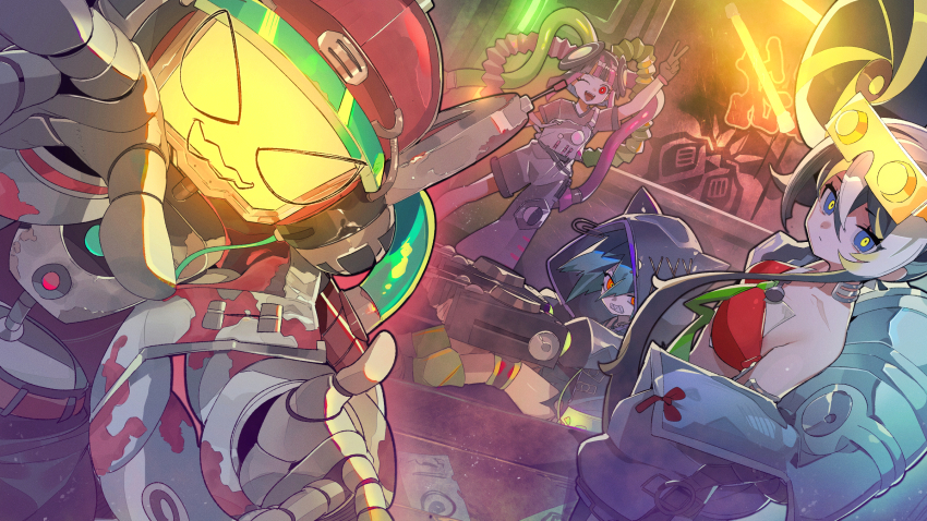 1other, 3girls, animal_hood, asymmetrical_legwear, bare_shoulders, black_gloves, blue_eyes, blue_hair, breasts, collarbone, duel_monster, eyewear_on_head, gloves, hair_between_eyes, hair_ornament, headgear, highres, hood, joints, kewl_tune_mix, long_hair, looking_at_viewer, mechanical_arms, multiple_girls, one_eye_closed, open_mouth, pink_hair, red_eyes, red_tube_top, ro_g_(oowack), robot, robot_joints, small_breasts, smile, strapless, tube_top, yu-gi-oh!