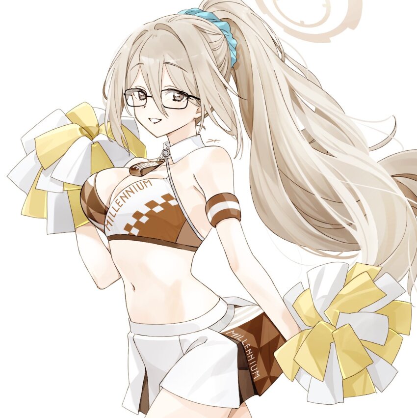 1girl, akane_(blue_archive), alternate_costume, armpit_crease, black-framed_eyewear, blue_archive, blue_scrunchie, breasts