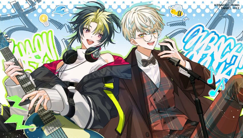 2boys, :d, bee, black_hair, black_jacket, blonde_hair, blue_background, blue_eyes