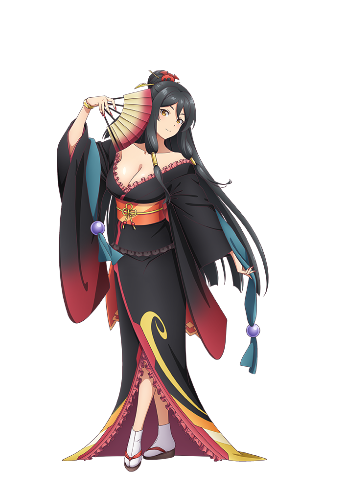1girl, anime_coloring, arifureta_shokugyou_de_sekai_saikyou, bare_shoulders, black_hair, black_kimono, blush, breasts