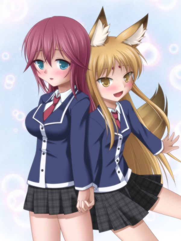 2girls, android, animal_ears, automedic_alma, black_skirt, blonde_hair, blue_eyes, breasts, emil_chronicle_online, fox_ears, fox_girl, fox_tail, holding_hands, large_breasts, loki_alma, long_hair, multiple_girls, necktie, open_mouth, purple_hair, red_necktie, school_uniform, skirt, small_breasts, tail, takanashi_tsukasa, yellow_eyes