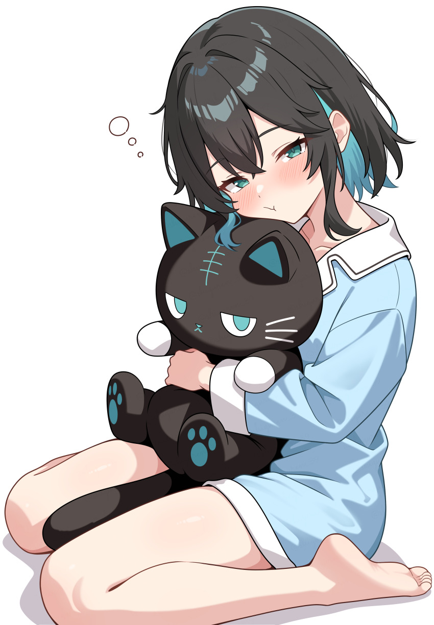 1girl, :t, absurdres, barefoot, black_hair, blue_eyes, blue_hair, closed_mouth, colored_inner_hair, commentary_request, highres, miyamai_moca, multicolored_hair, pout, shiguren_39, sitting, soles, solo, stuffed_animal, stuffed_toy, two-tone_hair, voicepeak, wariza, white_background