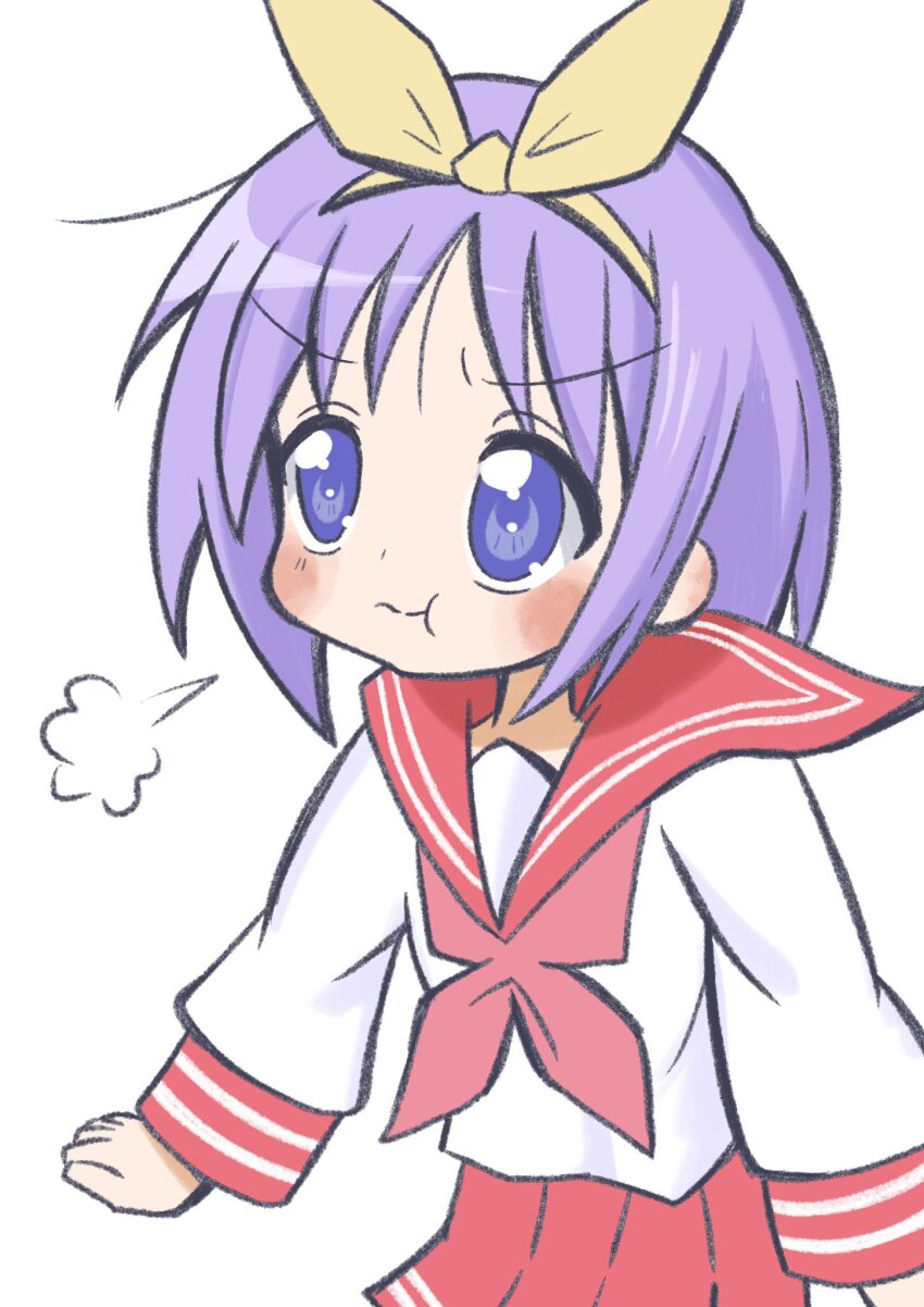 1girl, blue_eyes, blush, clenched_hands, hair_ribbon, highres, hiiragi_tsukasa, lucky_star