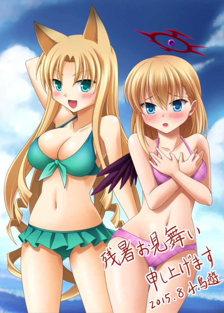 2girls, alternate_costume, animal_ears, artist_name, bikini, black_wings, blonde_hair, blue_eyes