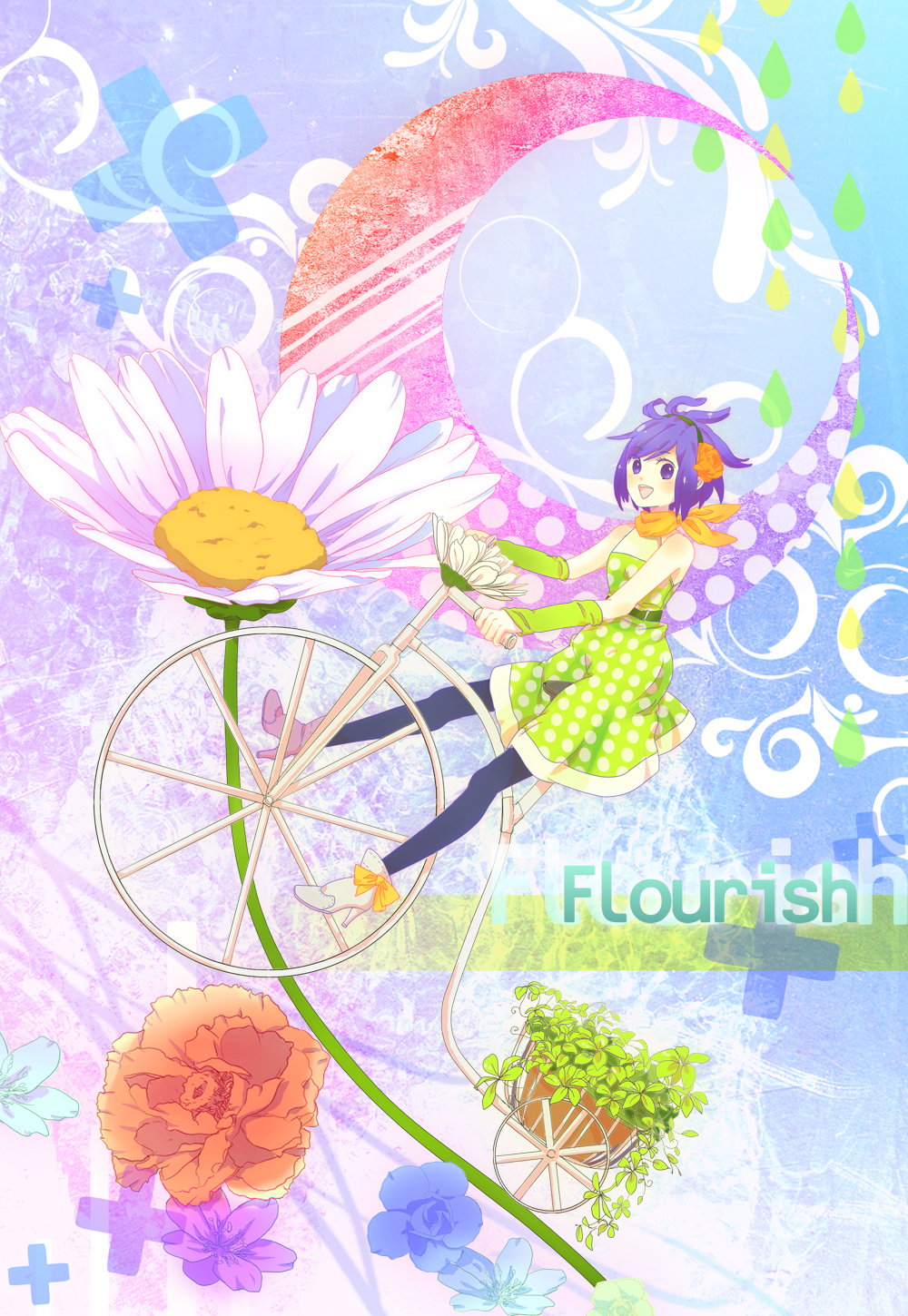 1girl, :d, arm_warmers, bemani, bicycle, black_pantyhose, blue_background, blue_flower