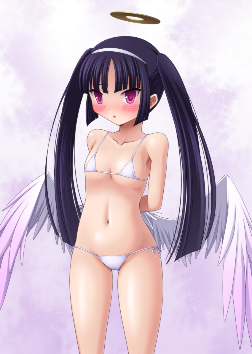 1girl, arms_behind_back, bikini, black_hair, blush, embarrassed, emil_chronicle_online, hairband