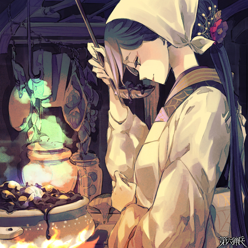 1girl, black_hair, cooking, copyright_name, dairoku_ryouhei, flower, hair_flower, hair_ornament