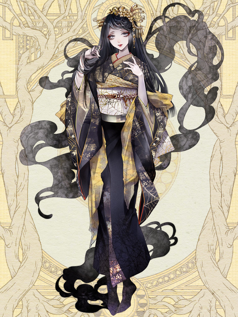 1girl, aura, black_hair, dairoku_ryouhei, eyeshadow, full_body, grey_eyes, hair_ornament