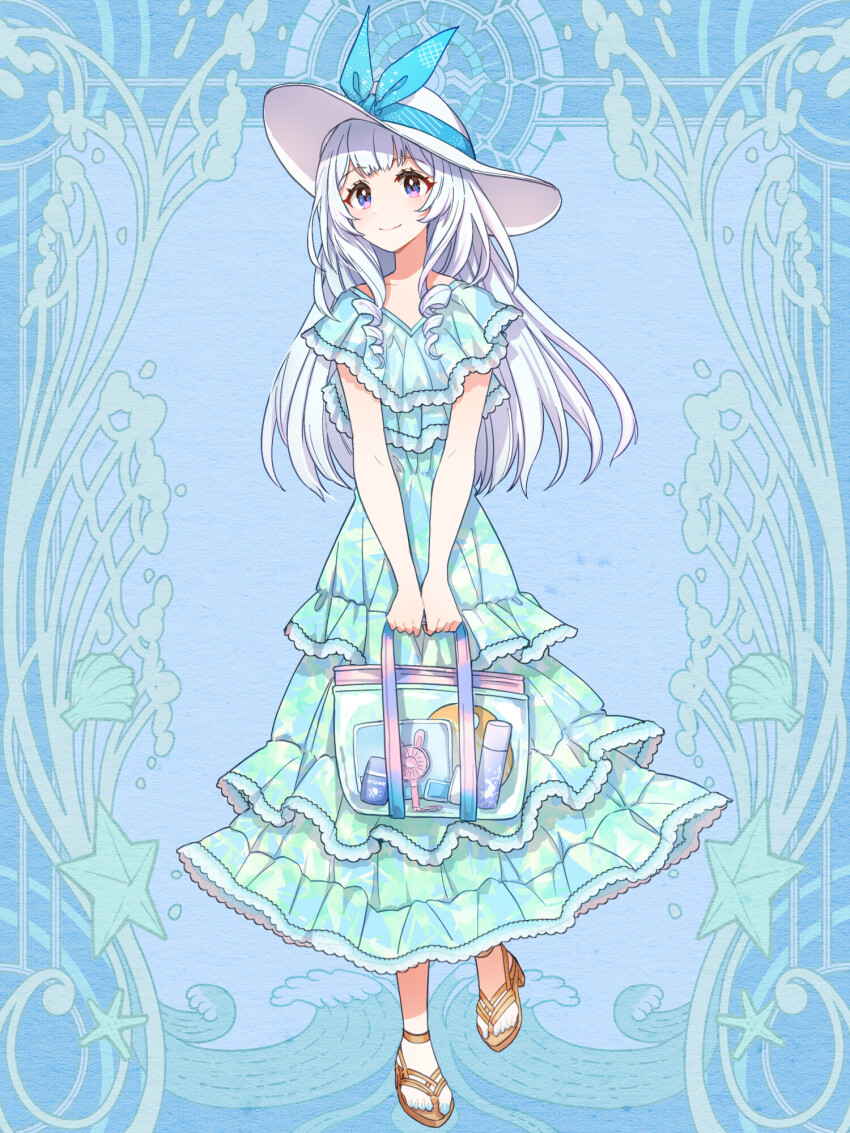 1girl, bag, blue_background, blue_dress, blue_nails, blue_ribbon, dairoku_ryouhei, deodorant