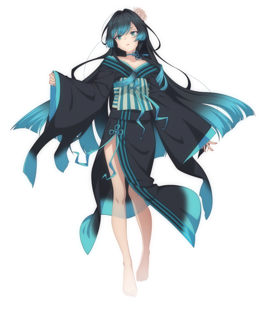 1girl, anime_coloring, aqua_eyes, aqua_hair, bare_shoulders, barefoot, black_hair, black_kimono