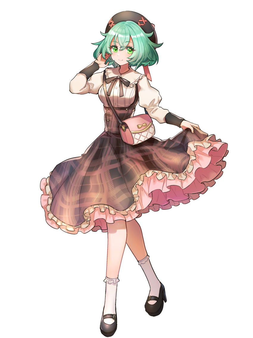 1girl, aqua_hair, bag, black_hat, black_ribbon, breasts, brown_dress, dairoku_ryouhei, dress, green_eyes, hand_up, handbag, hat, highres, holding_own_dress, long_sleeves, mary_janes, misono_reiji, plaid_clothes, plaid_dress, ribbon, shoes, short_hair, small_breasts, smile, socks, solo, tita_nostaria, transparent_background, white_socks