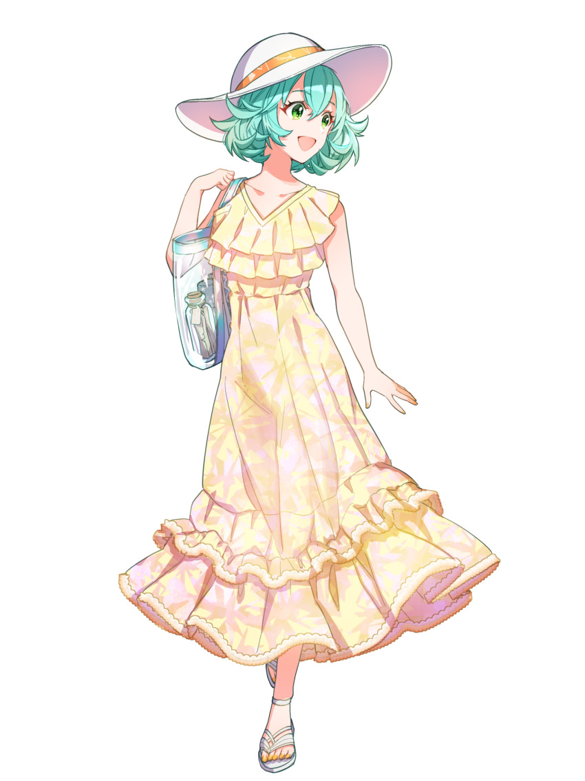 1girl, :d, bag, bottle, dairoku_ryouhei, dress, frilled_dress, frills
