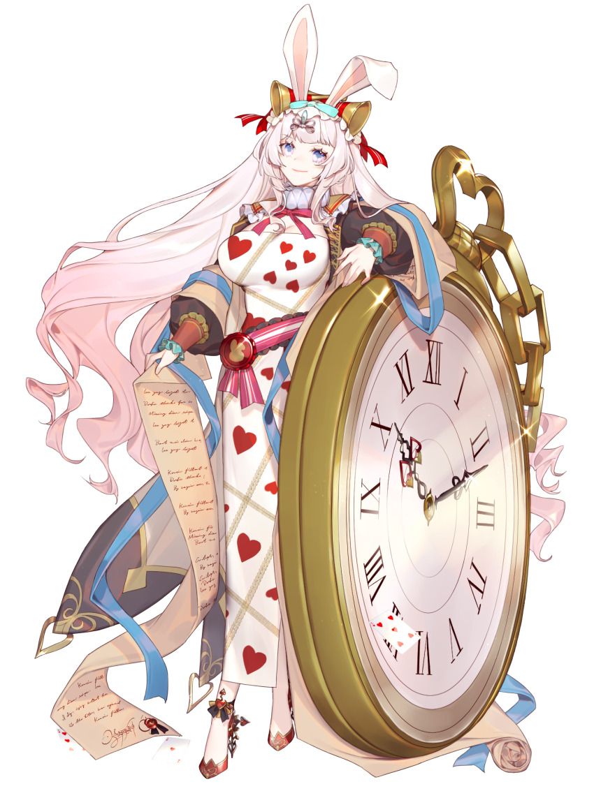 1girl, animal_ears, blue_bow, blue_eyes, bow, breasts, card, cleavage, dairoku_ryouhei, dress, full_body, glint, gradient_hair, hair_bow, highres, horn_(instrument), large_breasts, long_hair, long_sleeves, marshmallow_alamode, multicolored_hair, oversized_object, pink_hair, playing_card, pocket_watch, rabbit_ears, red_ribbon, ribbon, shichimi, smile, solo, standing, watch, white_hair