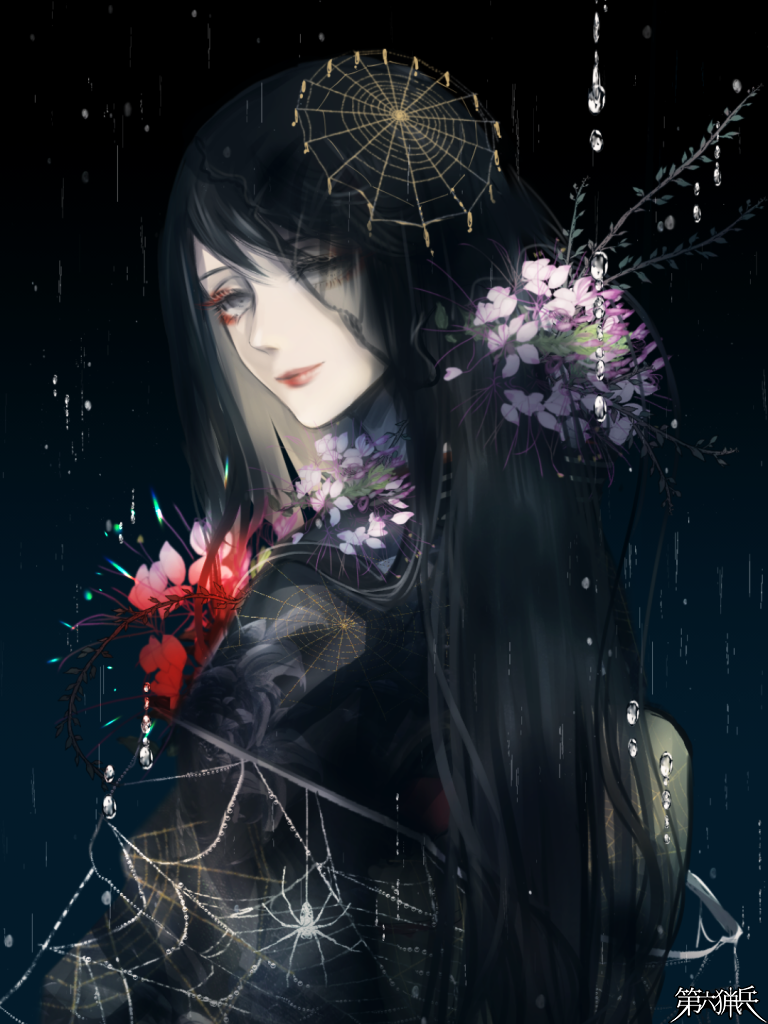 1girl, black_hair, black_kimono, copyright_name, dairoku_ryouhei, eyeshadow, flower, grey_eyes