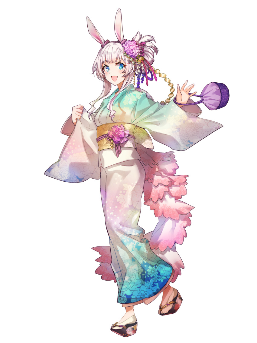 1girl, :d, animal_ears, blue_eyes, blush, dairoku_ryouhei, flower, hair_flower