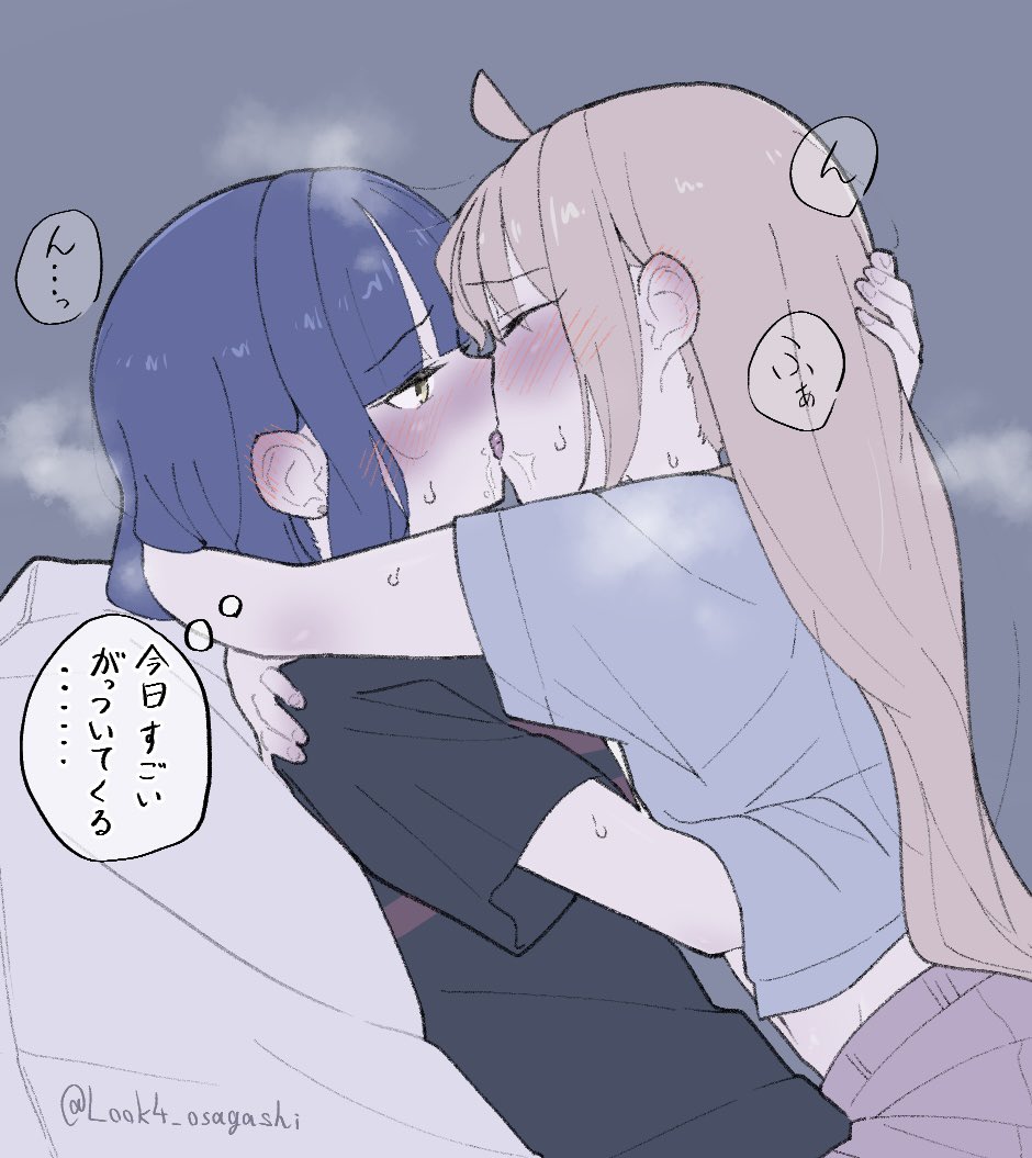 2girls, artist_name, black_shirt, blonde_hair, blue_hair, blue_shirt, blush, bocchi_the_rock!