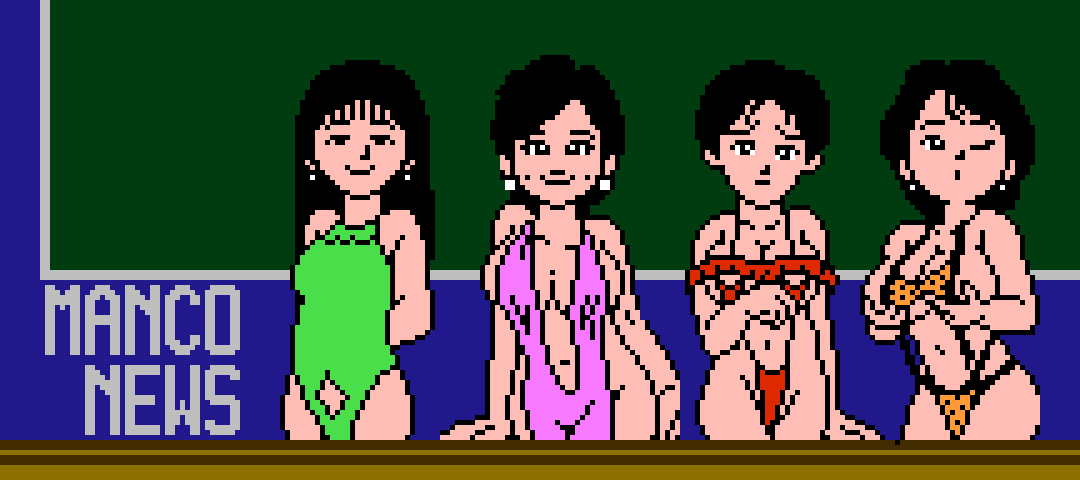 4girls, animal_print, arms_behind_back, black_eyes, black_hair, breasts, cleavage, clothing_cutout, collarbone, dress, earrings, embarrassed, famista, famista_'89_kaimakuban!, grabbing_own_breast, green_one-piece_swimsuit, jewelry, large_breasts, leopard_print, long_hair, looking_at_viewer, medium_breasts, multiple_girls, namco, navel, navel_cutout, news, newscaster, one-piece_swimsuit, one_eye_closed, orange_slingshot_swimsuit, pink_dress, pixel_art, print_slingshot_swimsuit, red_slingshot_swimsuit, reporter, revealing_clothes, saiwai_hiroshi, short_hair, side_slit, sideboob, sleeveless, sleeveless_dress, slingshot_swimsuit, smile, standing, swimsuit, underboob, wink