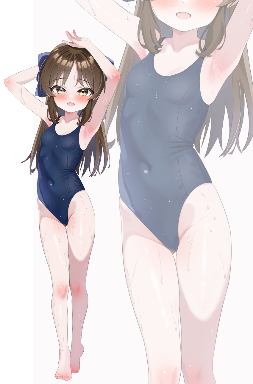 1girl, absurdres, armpit_focus, armpits, arms_up, bare_legs, barefoot, blue_bow