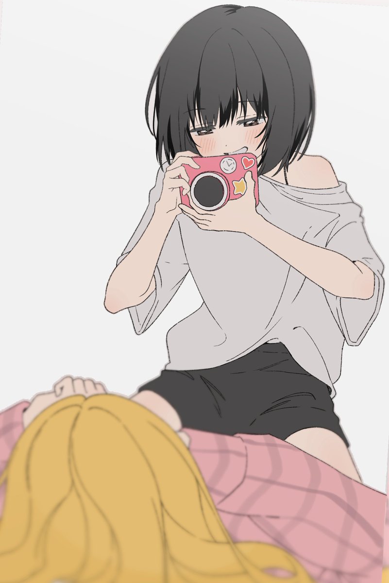 2girls, aged_up, black_hair, black_shorts, blonde_hair, blush, camera, camisole, cardigan, dangdidangdi, hairband, highres, holding, holding_camera, kirarazaka_marina, kuze_shizuka, long_hair, long_sleeves, looking_at_another, lying, multiple_girls, pink_cardigan, shirt, short_hair, shorts, simple_background, sitting, sitting_on_person, smile, smug, straddling, takopii_no_genzai, white_background, white_shirt, yuri