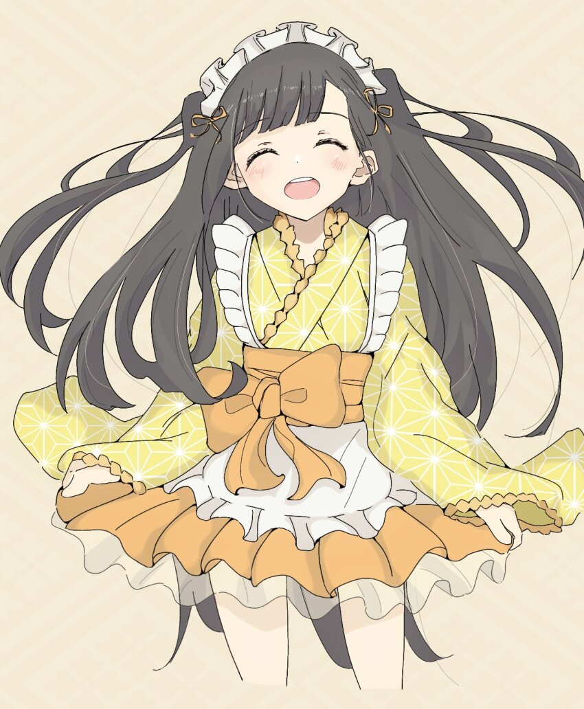 1girl, apron, closed_eyes, commentary_request, frilled_apron, frilled_kimono, frills, highres