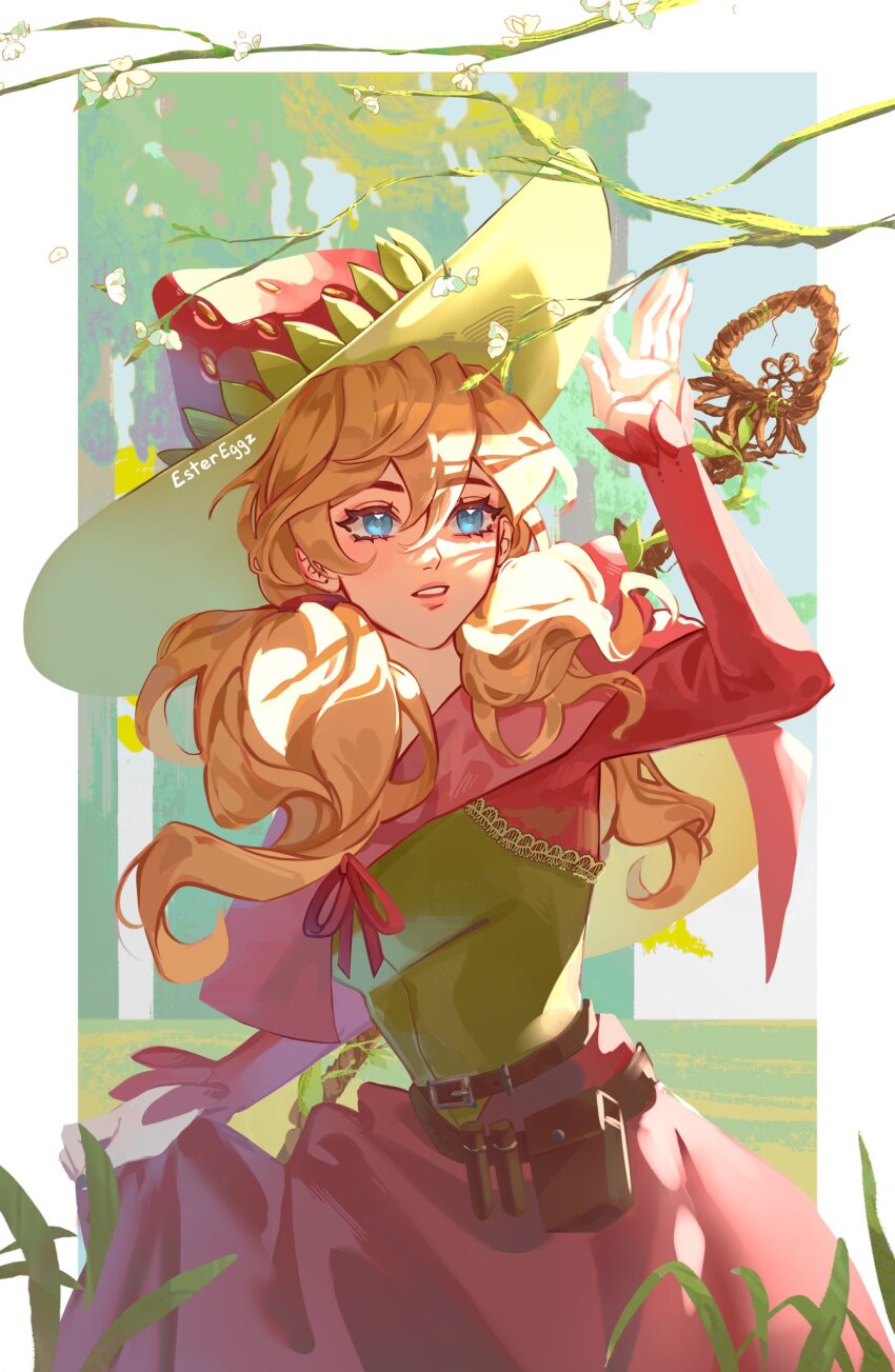 1girl, artist_name, belt, belt_pouch, blonde_hair, blue_eyes, border, brown_belt