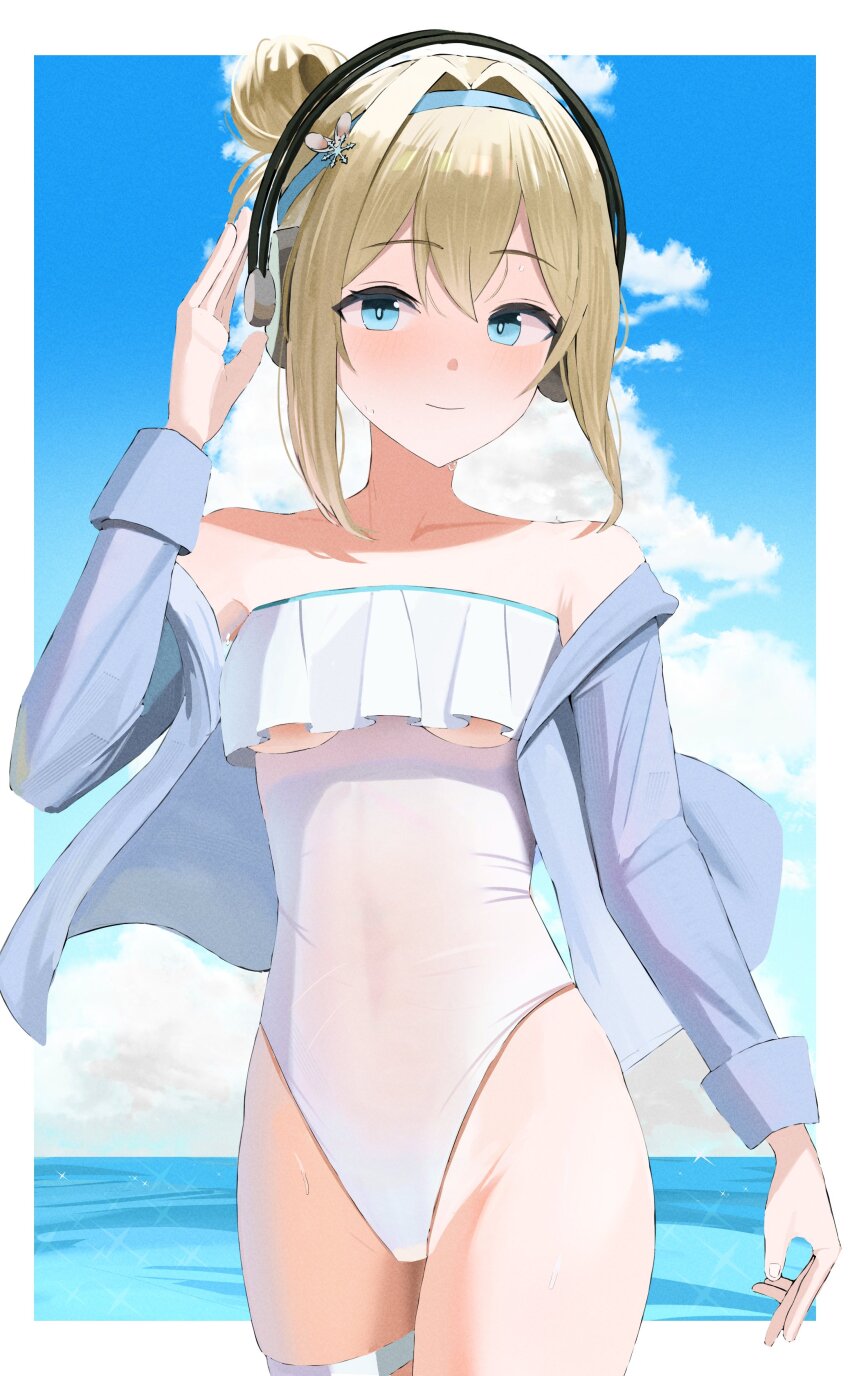 1girl, absurdres, blue_eyes, blue_hairband, blue_jacket, blue_sky, blush, breasts