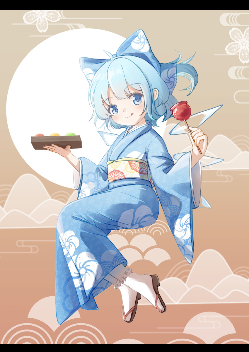 1girl, absurdres, blue_bow, blue_eyes, blue_kimono, bow, candy_apple, cirno