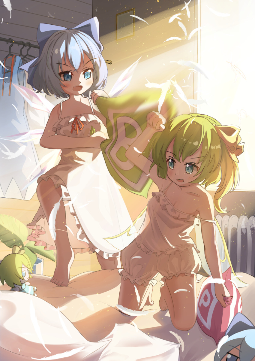 2girls, barefoot, bloomers, blue_bow, blue_dress, blue_hair, bomb_item_(touhou), bow