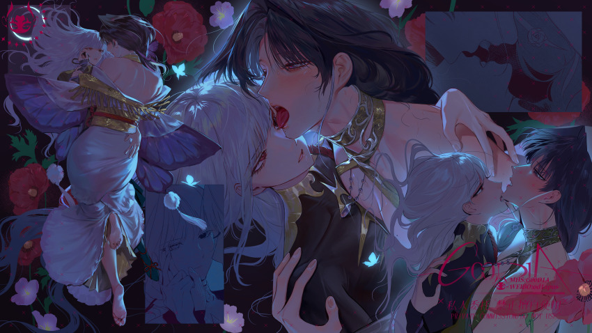 2girls, absurdres, black_dress, commission, coquelic_(path_to_nowhere), dress, flower, from_side, full_body, g00d1a, garofano_(path_to_nowhere), highres, japanese_clothes, kimono, kiss, licking, licking_eye, lying, multiple_girls, multiple_views, on_back, path_to_nowhere, upper_body, watermark, white_hair, yuri