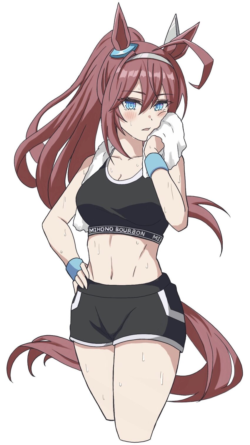 1girl, ahoge, animal_ears, black_shorts, black_sports_bra, blue_eyes, blush, breasts