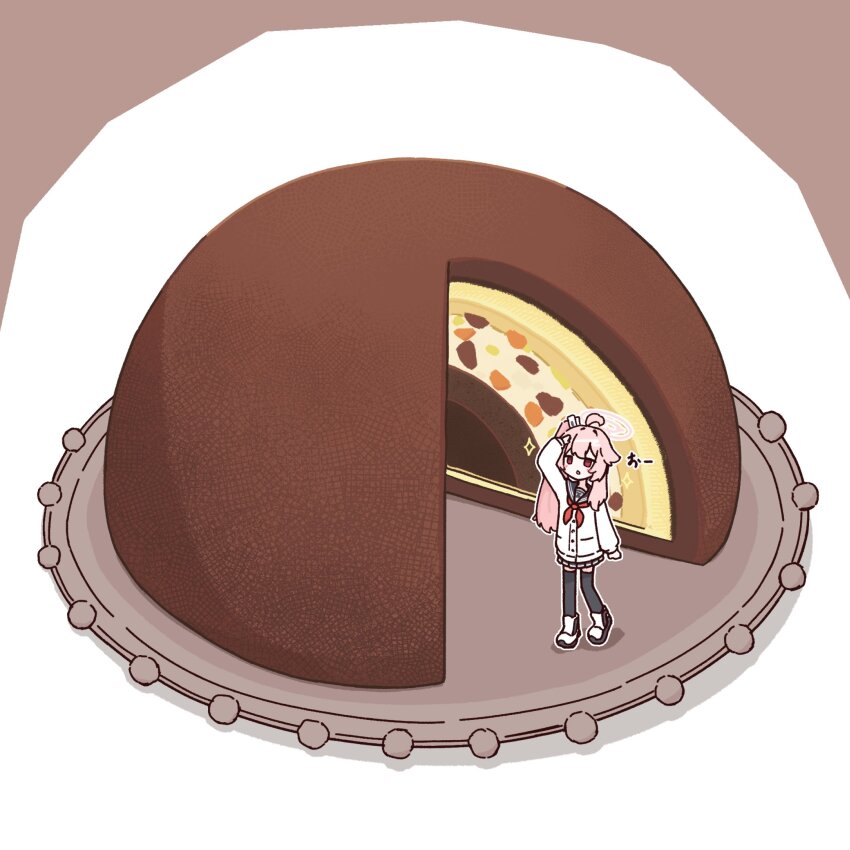 1girl, ahoge, arm_up, black_sailor_collar, black_thighhighs, blue_archive, boots, cake