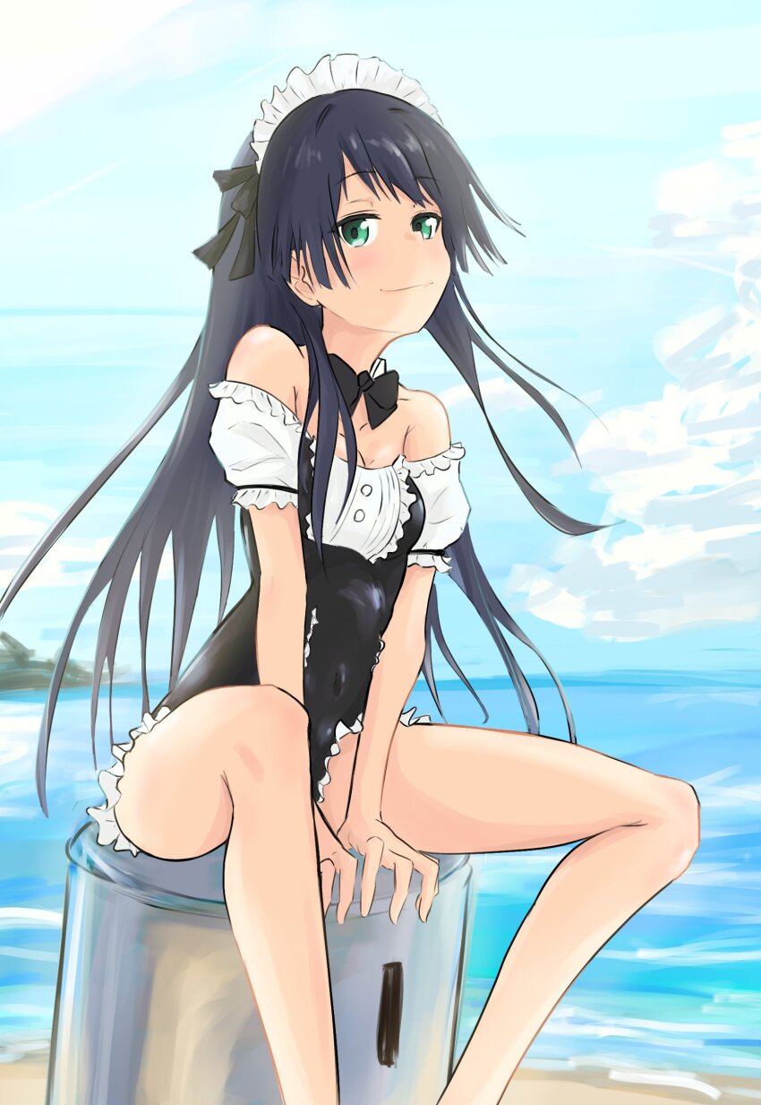 1girl, absurdres, bare_shoulders, between_legs, black_bow, black_bowtie, black_hair, black_one-piece_swimsuit