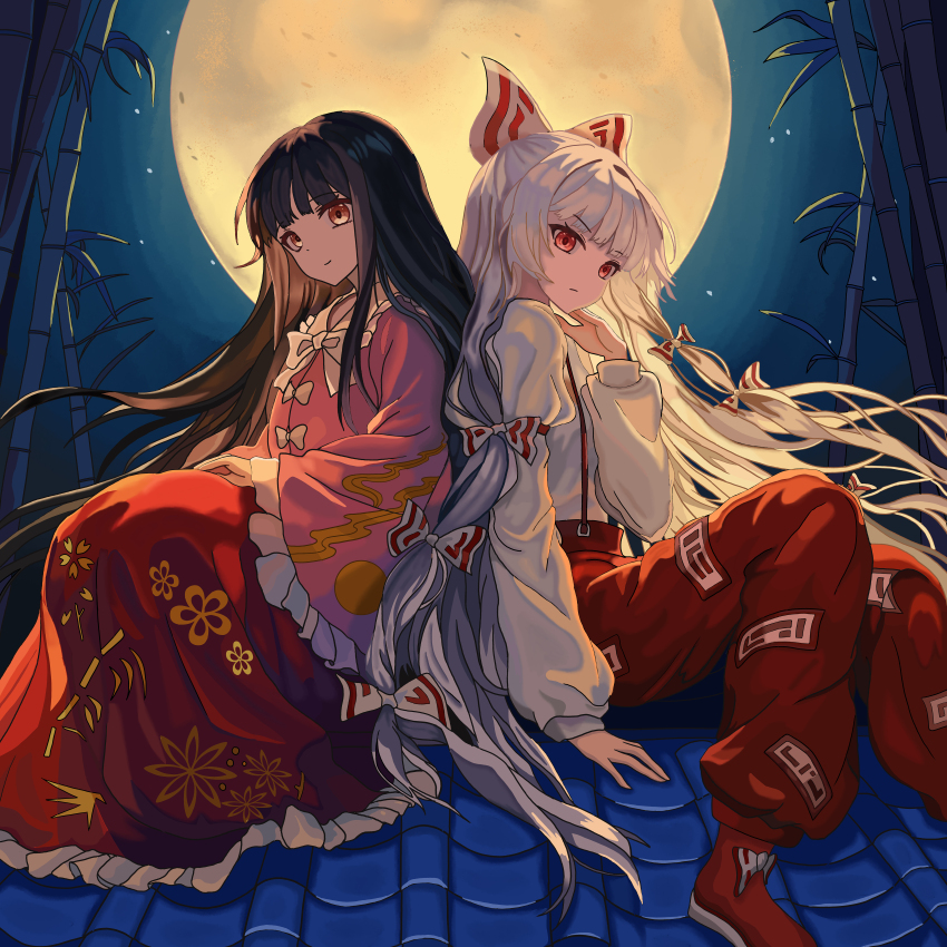 2girls, absurdres, back-to-back, bamboo, black_hair, bow, bowtie, brown_eyes