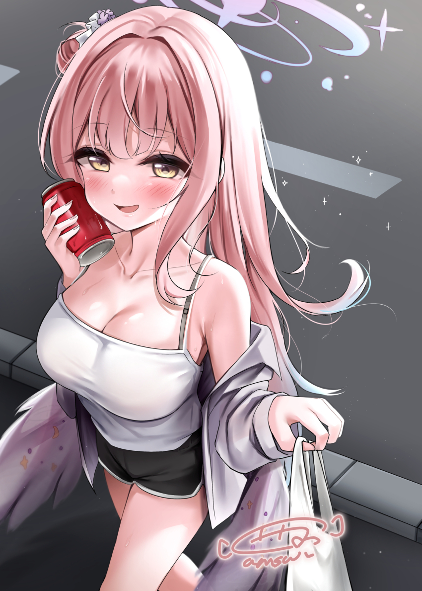 1girl, aamesawaa, alternate_costume, bag, bare_shoulders, black_shorts, blue_archive, blush