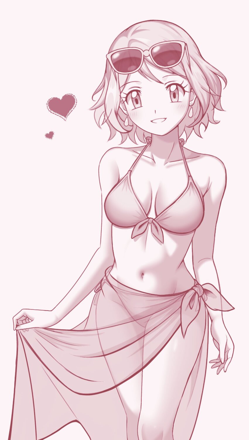 1girl, absurdres, alternate_costume, bikini, breasts, clothes_lift, collarbone, commentary_request, earrings, eyelashes, eyewear_on_head, front-tie_bikini_top, front-tie_top, grin, halterneck, happy, head_tilt, heart, highres, jewelry, knees, navel, nintendo, pokemon, pokemon_(anime), pokemon_the_series:_xy, sarong, sarong_lift, see-through_clothes, see-through_sarong, serena_(pokemon), short_hair, simple_background, smile, solo, sunglasses, swimsuit, teeth, zeki231