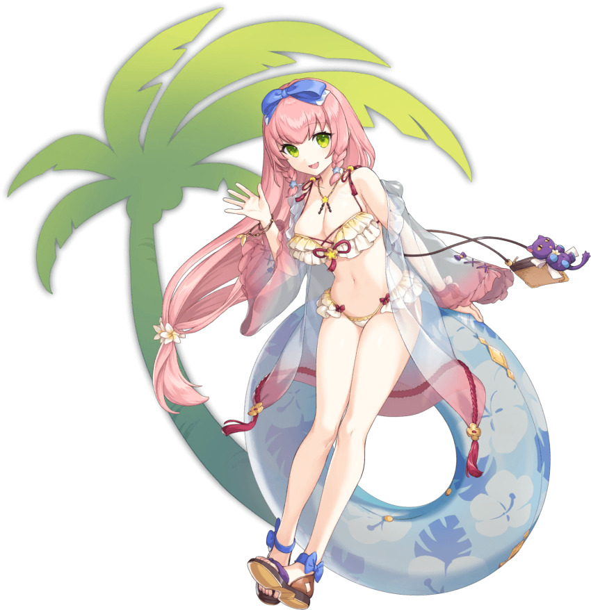 1girl, artist_request, bare_legs, bare_shoulders, bikini, blue_ribbon, bracelet, breasts, buoy, cleavage, flower, full_body, game_cg, green_eyes, hair_flower, hair_ornament, hair_ribbon, highres, jewelry, legend_clover, long_hair, navel, necklace, official_alternate_costume, official_art, okita_souji_(legend_clover), open_hand, open_mouth, palm_tree, pink_hair, ribbon, see-through_clothes, solo, stuffed_animal, stuffed_toy, swimsuit, third-party_source, transparent_background, tree