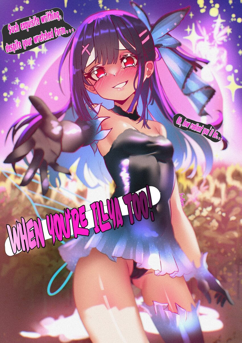 1girl, absurdres, black_dress, black_gloves, black_hair, black_panties, blush, breasts