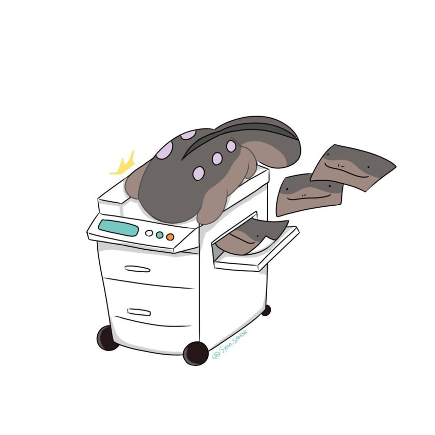 clodsire, closed_mouth, highres, nintendo, no_humans, photocopier, photocopying_self, pokemon, pokemon_(creature), pokemon_focus, printer, simple_background, smile, syan_san135, tail, white_background
