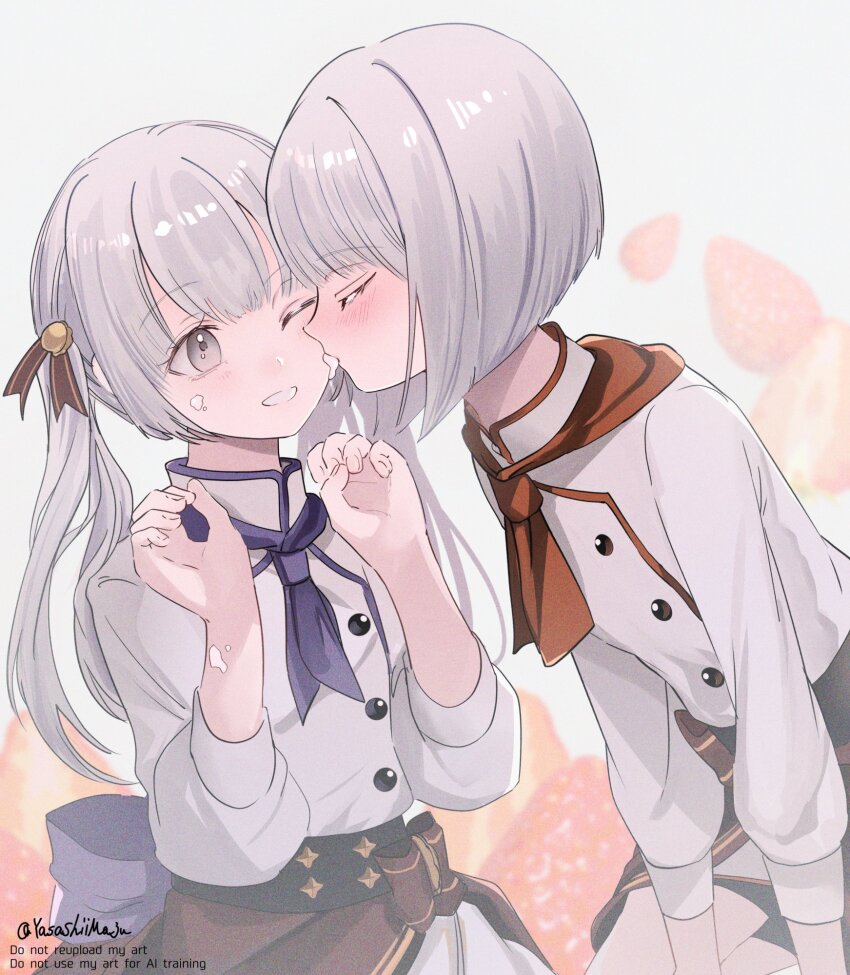 2girls, blush, brown_skirt, closed_eyes, commentary_request, cream, enaga_(towa_tsugai), food