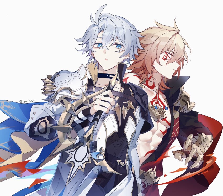 2boys, abs, antenna_hair, arm_tattoo, armor, black_choker, black_coat, black_shirt