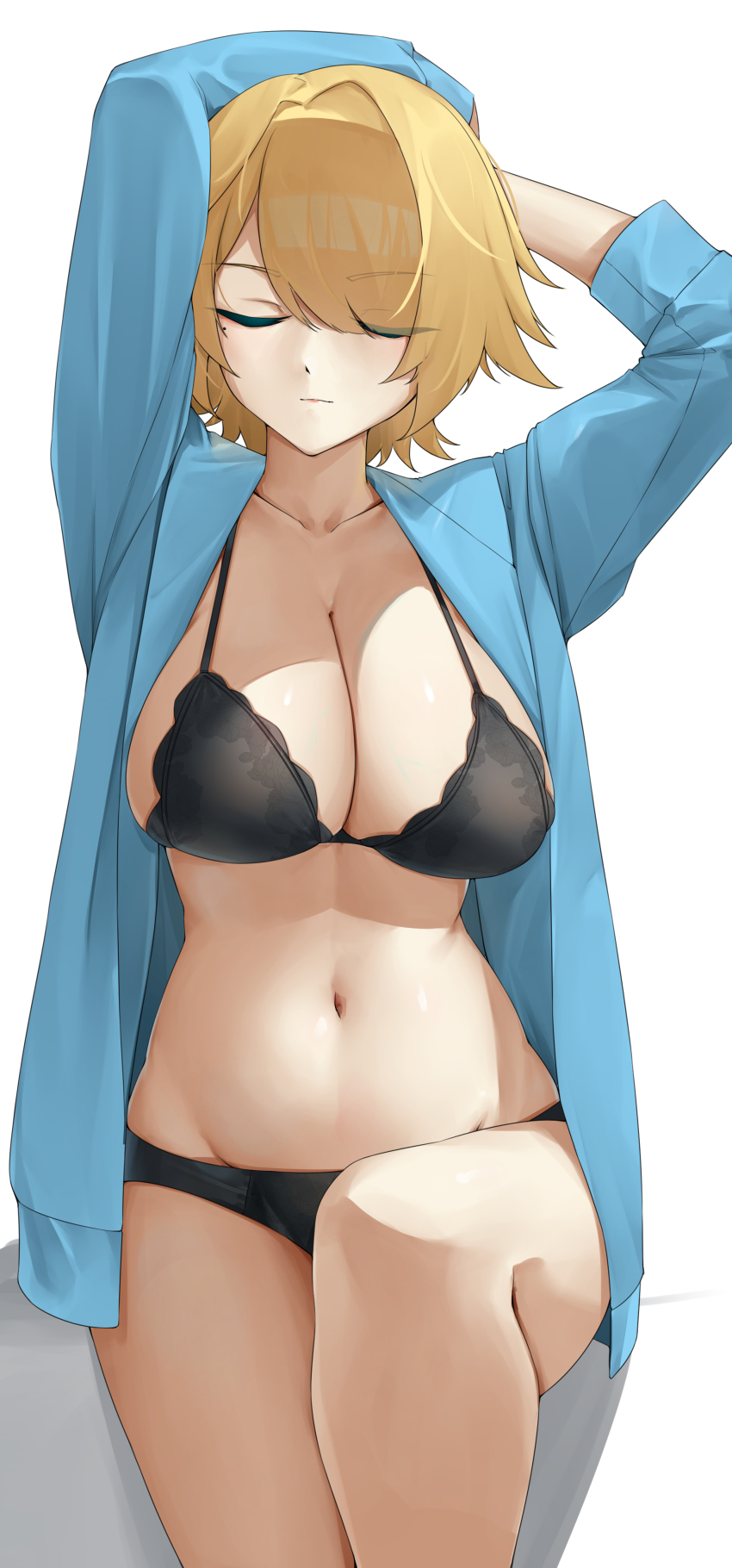 1girl, absurdres, alternate_costume, black_bra, black_panties, blonde_hair, blue_jacket, bra