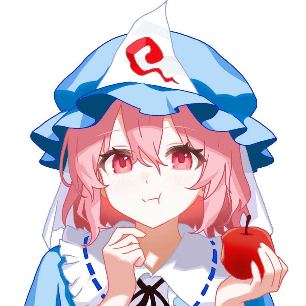 1girl, apple, black_ribbon, blue_hat, blue_kimono, chewing, closed_mouth, commentary_request