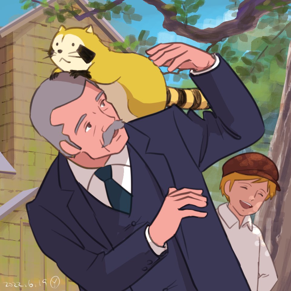 2boys, ^_^, animal, animal_on_head, araiguma_rascal, arm_up, black_eyes, black_jacket, black_shirt, blonde_hair, brown_hat, building, buttons, closed_eyes, closed_mouth, collared_shirt, commentary_request, dated, facial_hair, father_and_child, father_and_son, formal_clothes, grey_hair, hand_up, hat, jacket, lapels, laughing, looking_at_animal, male_focus, multiple_boys, mustache, newsboy_cap, old, old_man, on_head, open_clothes, open_jacket, open_mouth, outdoors, parent_and_child, raccoon, rascal_(araiguma_rascal), sakai_yume, shirt, short_hair, signature, smile, standing, sterling_north, suit, teeth, tree, upper_teeth_only, white_shirt, willard_north