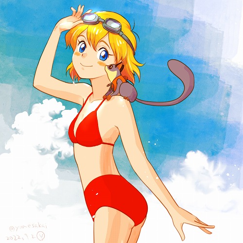 1girl, animal, animal_on_shoulder, bare_arms, bikini, blonde_hair, blue_eyes, blue_sky