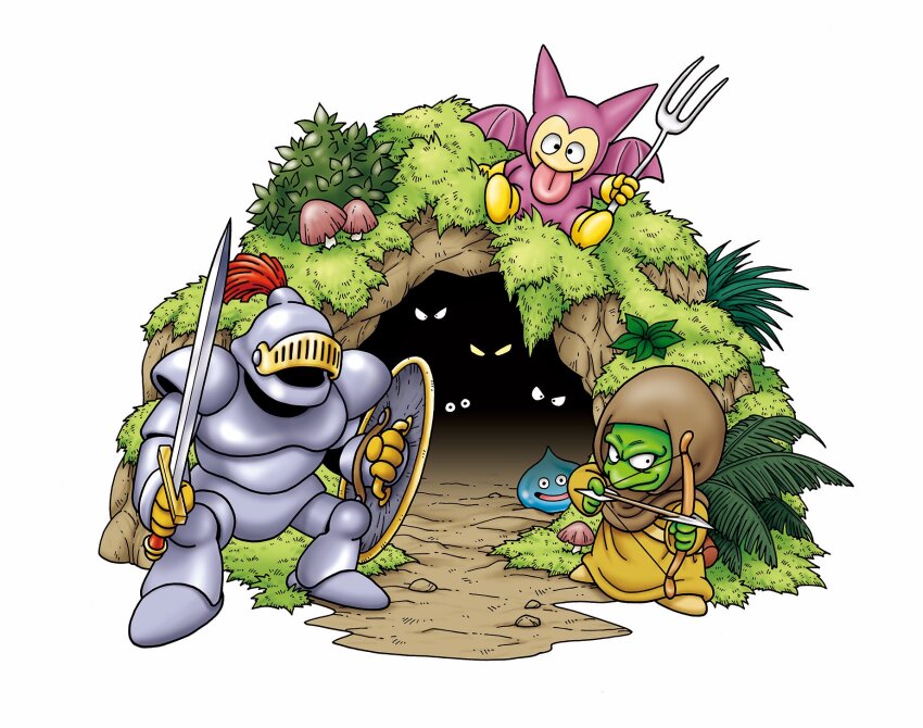 aiming, arrow_(projectile), asymmetrical_dual_wielding, bat_wings, bodkin_archer, boots, bow_(weapon), brown_robe, cave, colored_skin, commentary_request, creature, creature_focus, dated_commentary, dragon_quest, dual_wielding, dungeon, fork, gloves, grass, green_skin, grey_armor, highres, holding, holding_arrow, holding_bow_(weapon), holding_fork, holding_shield, holding_sword, holding_weapon, imp_(dragon_quest), knight, looking_at_viewer, monster, monster_focus, murakami_yumiko, mushroom, no_humans, official_art, open_mouth, plume, restless_armour, robe, shield, slime_(dragon_quest), sword, tongue, tongue_out, weapon, white_background, wings, yellow_boots, yellow_gloves