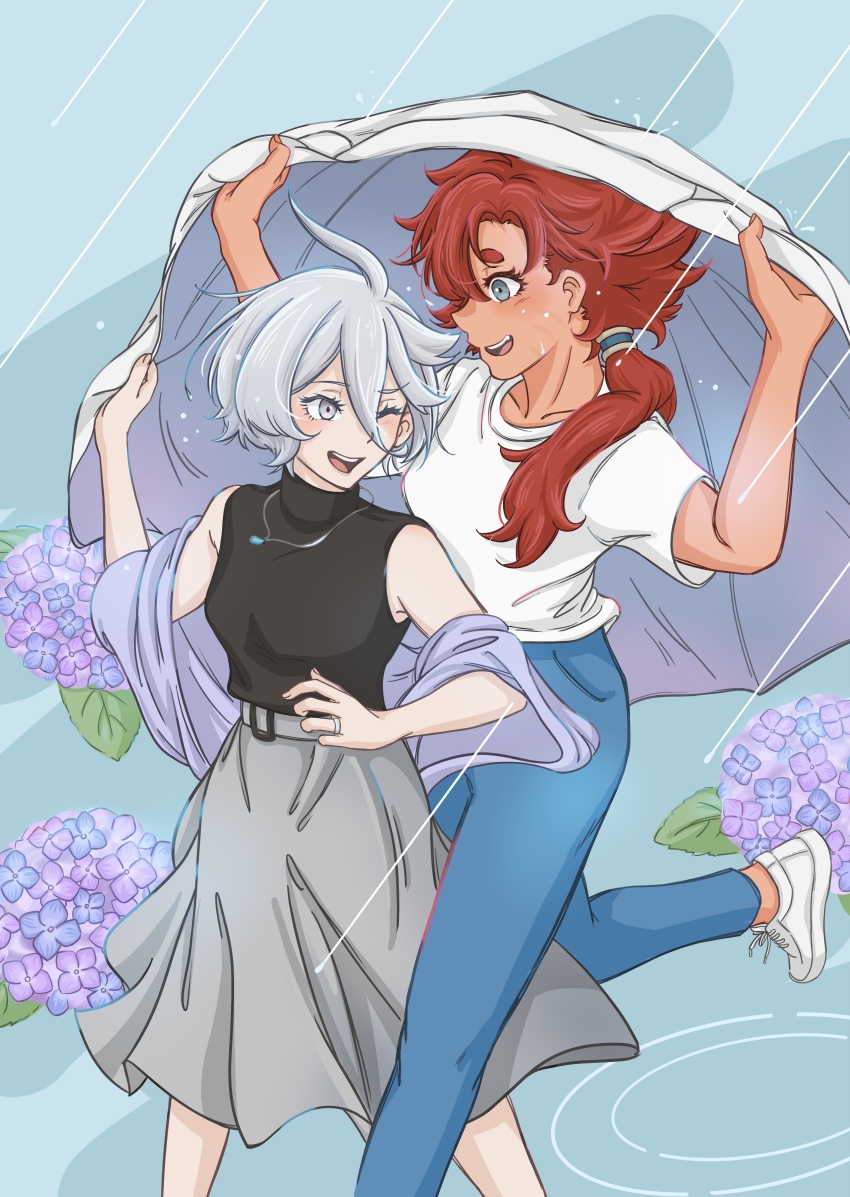 2girls, absurdres, black_shirt, blue_eyes, blue_pants, commentary_request, dark-skinned_female, dark_skin