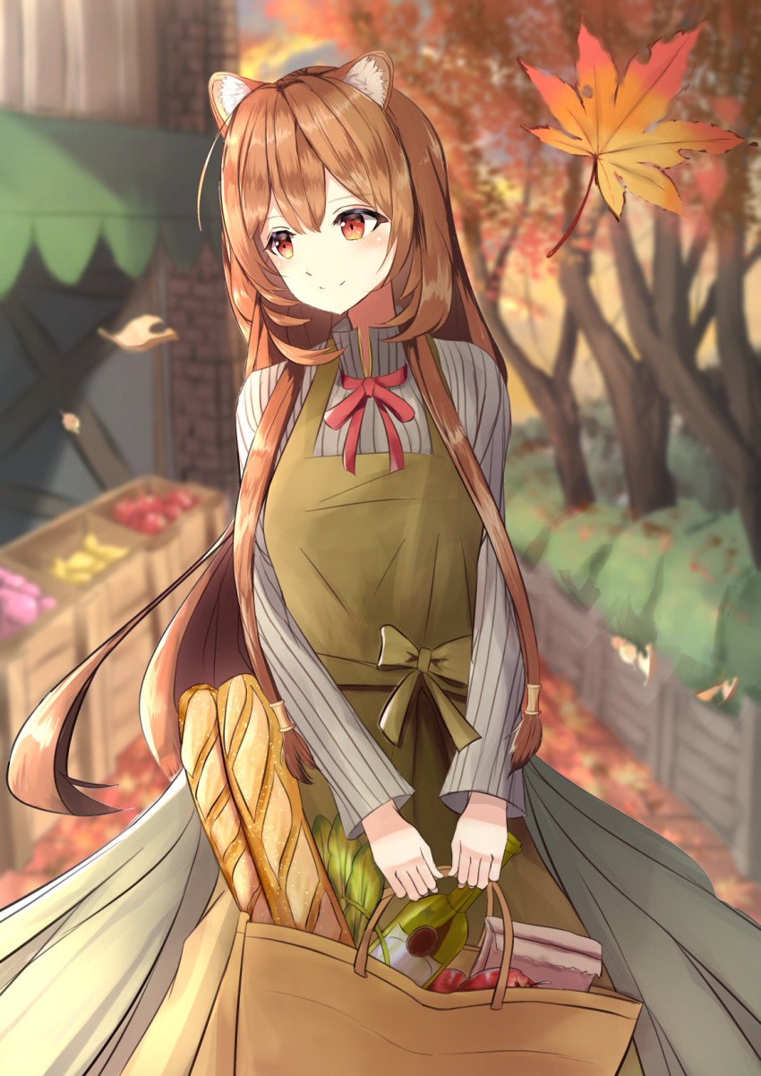 1girl, alternate_costume, animal_ear_fluff, animal_ears, apple, apron, autumn, autumn_leaves
