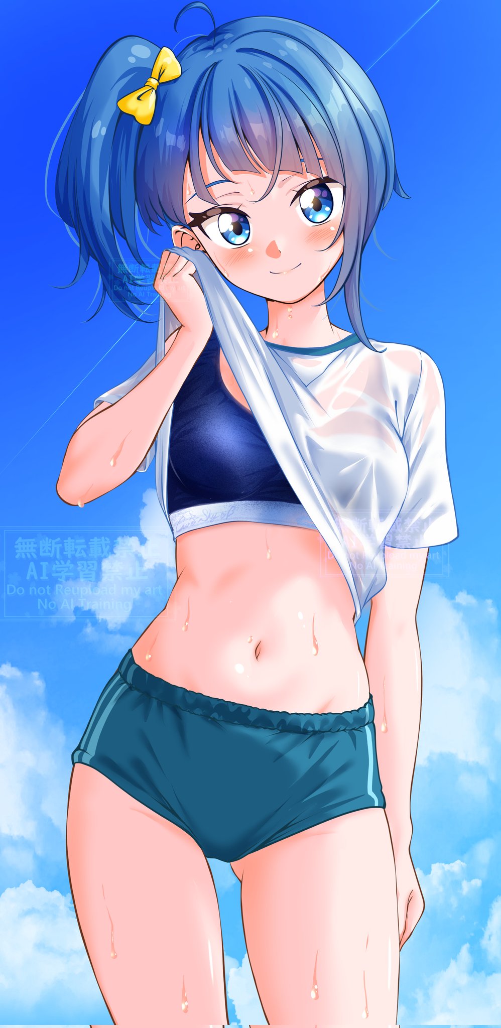 1girl, blue_eyes, blue_hair, blue_sky, breasts, buruma, cloud, cloudy_sky