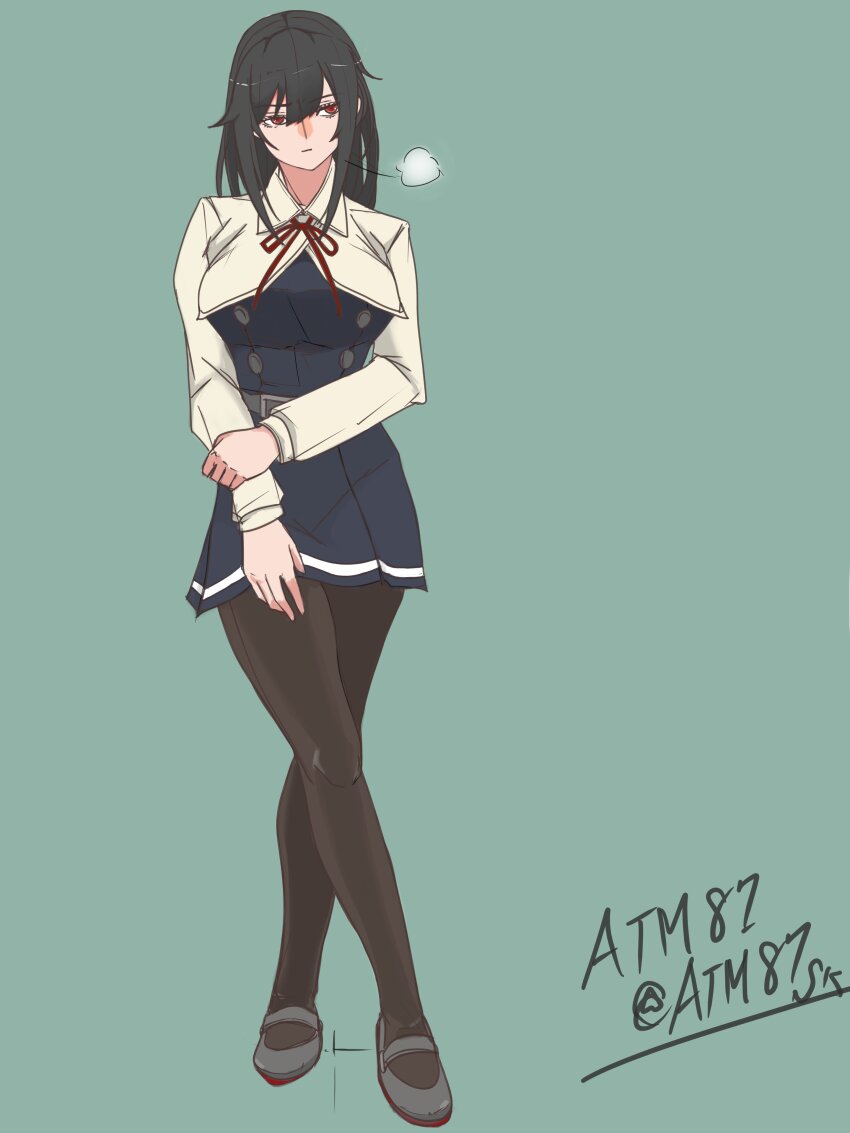 1girl, absurdres, asashio_(kancolle), asashio_kai_ni_(kancolle), asashio_kai_ni_(kancolle)_(cosplay), atm87, black_hair, black_pantyhose, blush, breasts, cosplay, dress, full_body, green_background, highres, kantai_collection, large_breasts, long_hair, long_sleeves, looking_at_viewer, neck_ribbon, pantyhose, pinafore_dress, red_eyes, red_ribbon, ribbon, school_uniform, shirt, sleeveless, sleeveless_dress, solo, twitter_username, white_shirt, yamashiro_(kancolle)